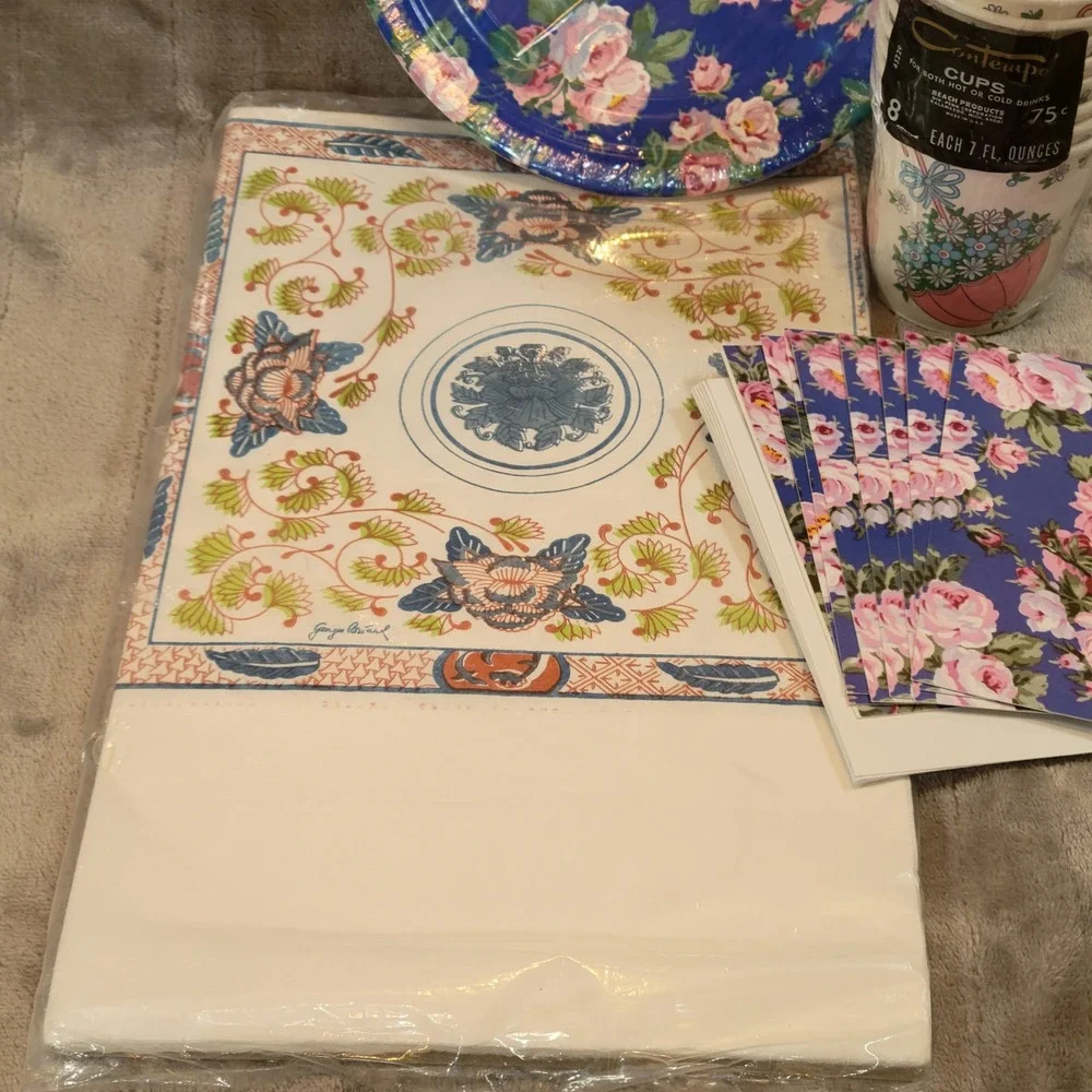 VTG Amscan Eileen West & Contempo Party Supplies Set Blue Pink Floral Paisley